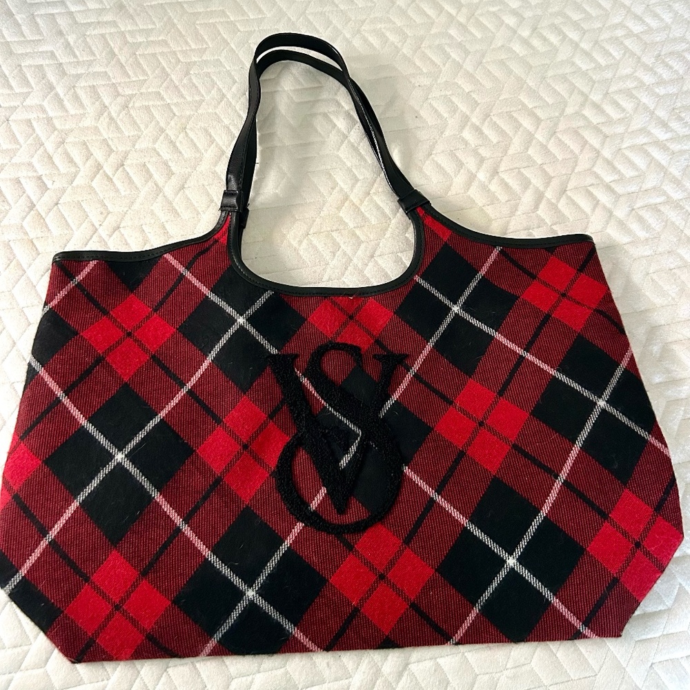 Victoria's Secret Sherpa Logo Plaid Tote Weekender Bag Red and Black